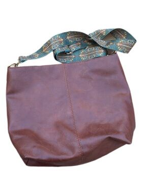 Boho Brown Faux Leather Hobo Bag with Patterned Guitar Strap - 13" x 9"